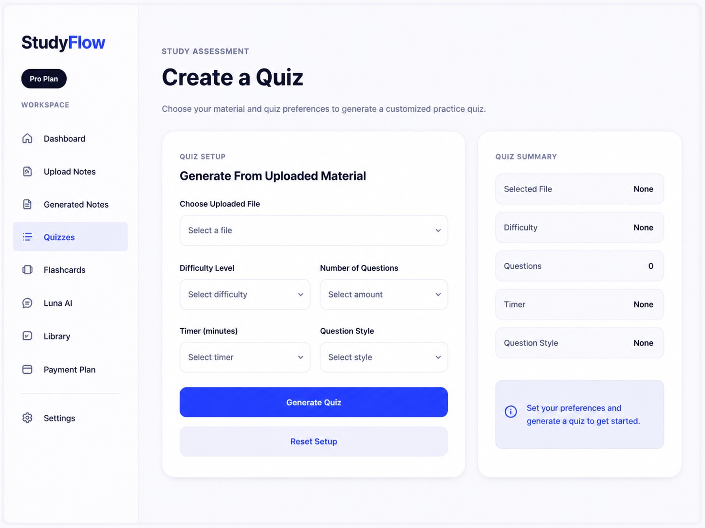 StudyFlow quizzes preview